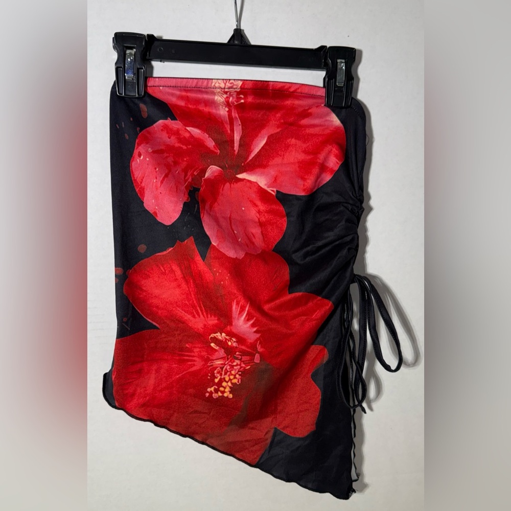 Womens Floral Strapless Side Ruched Bandeau Concert Y2K Tube Top Black Red S